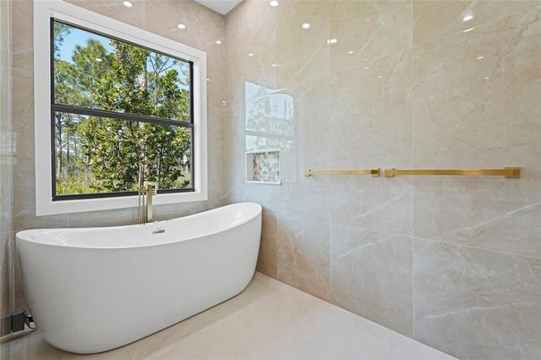 Bathroom, Free Standing Baths, Interior, Marble Walls, Recessed Lighting