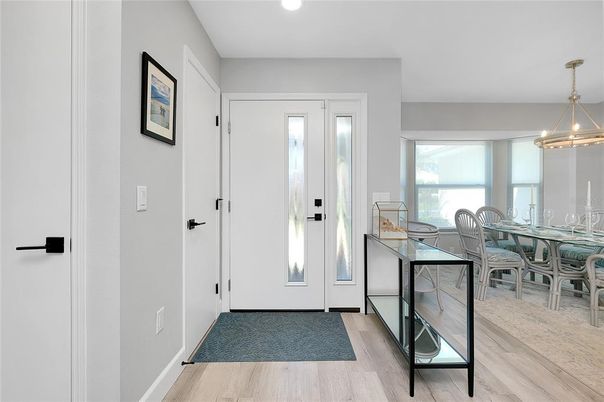 Dining room, Interior, Pendant Lights, Recessed Lighting, Wood Texture Flooring