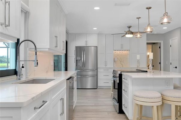 Interior, Kitchen, Pendant Lights, Recessed Lighting, Stainless Steel Appliances, Wood Texture Flooring