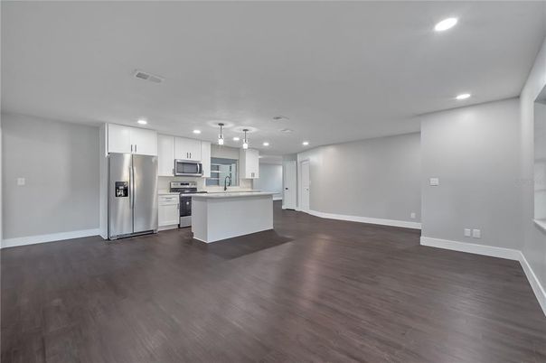 Interior, Kitchen, Pendant Lights, Recessed Lighting, Stainless Steel Appliances, Wood Texture Flooring