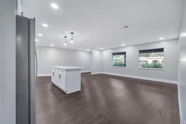 Empty room, Interior, Kitchen, Pendant Lights, Recessed Lighting, Wood Texture Flooring