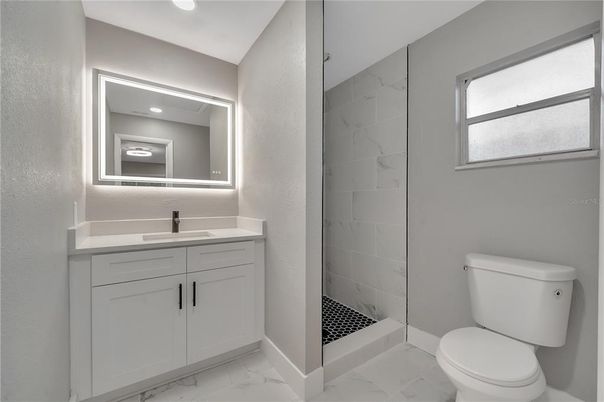 Bathroom, Glass Shower, Interior, Marble, Marble Walls, Recessed Lighting