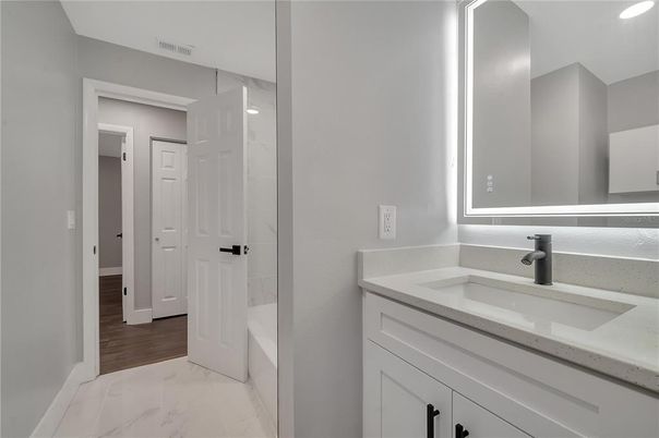 Bathroom, Interior, Marble, Recessed Lighting, Wood Texture Flooring