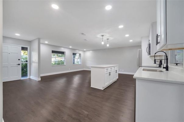 Interior, Kitchen, Pendant Lights, Recessed Lighting, Wood Texture Flooring