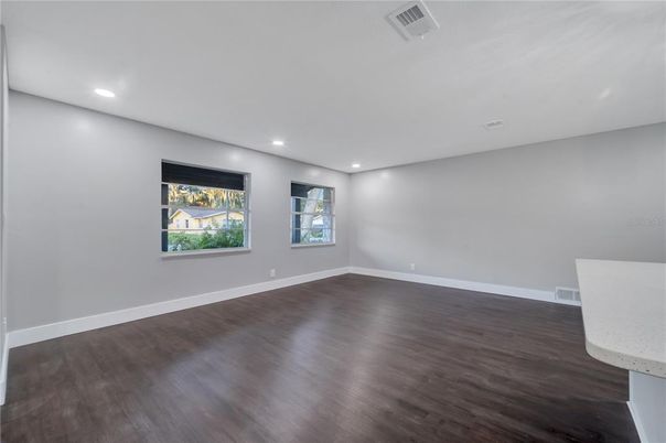 Empty room, Interior, Recessed Lighting, Wood Texture Flooring