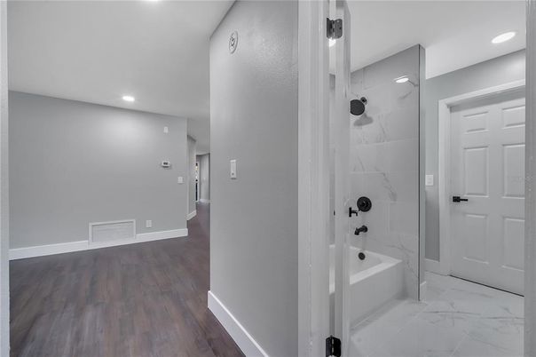 Bathroom, Interior, Marble, Marble Walls, Recessed Lighting, Wood Texture Flooring
