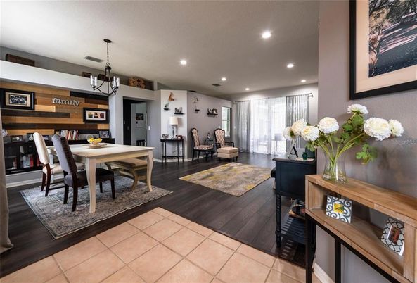 Dining room, Interior, Pendant Lights, Recessed Lighting, Wood Texture Flooring