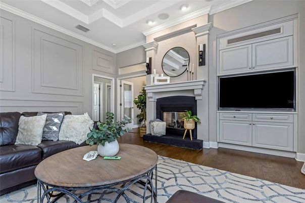 Fireplace, Interior, Living room, Recessed Lighting, Wood Texture Flooring
