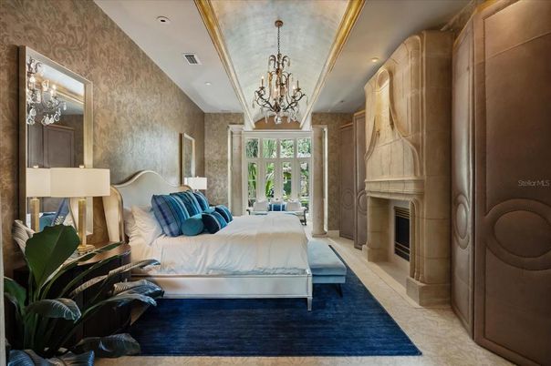 Bedroom, Chandelier, Fireplace, Interior, Recessed Lighting