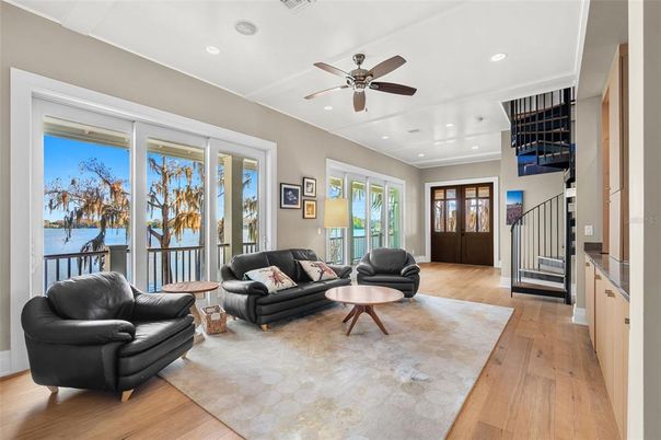 Interior, Living room, Recessed Lighting, Water, Wood Texture Flooring