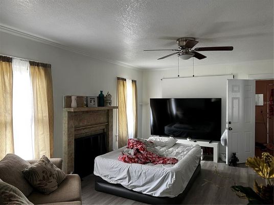 Bedroom, Fireplace, Interior, Wood Texture Flooring