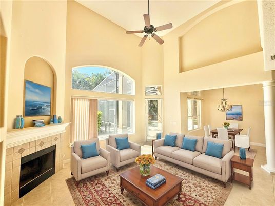 Dining room, Fireplace, Interior, Living room, Pendant Lights