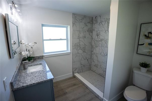 Bathroom, Interior, Marble Walls, Wood Texture Flooring