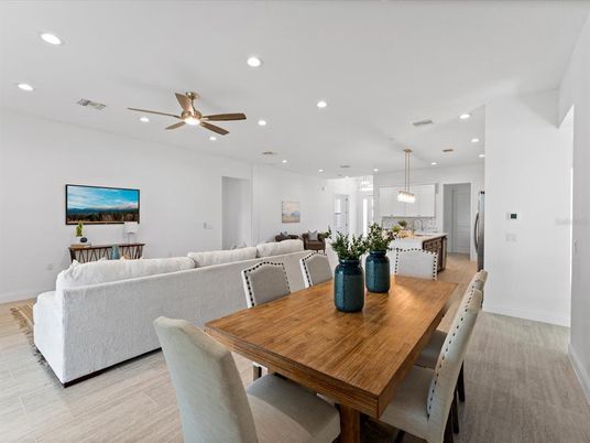 Dining room, Interior, Living room, Pendant Lights, Recessed Lighting, Wood Texture Flooring