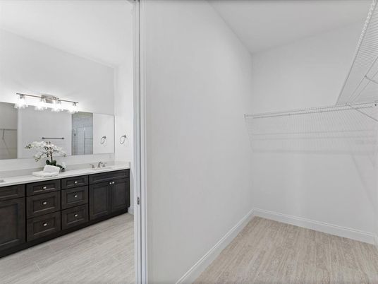 Bathroom, Dual Sink Vanities, Interior, Walk-in Closets, Wood Texture Flooring