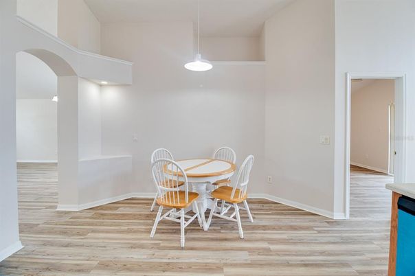 Dining room, Interior, Pendant Lights, Wood Texture Flooring