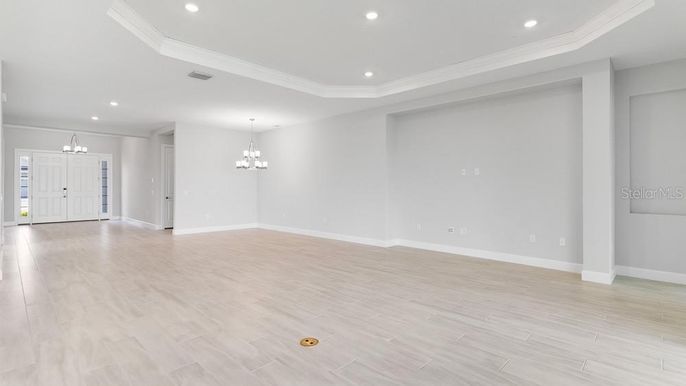 Chandelier, Empty room, Interior, Recessed Lighting, Wood Texture Flooring