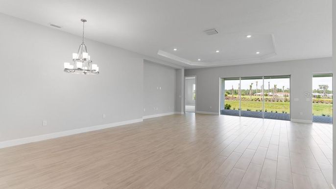 Chandelier, Empty room, Interior, Recessed Lighting, Wood Texture Flooring