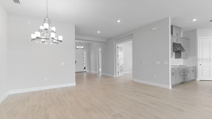 Chandelier, Empty room, Interior, Recessed Lighting, Wood Texture Flooring