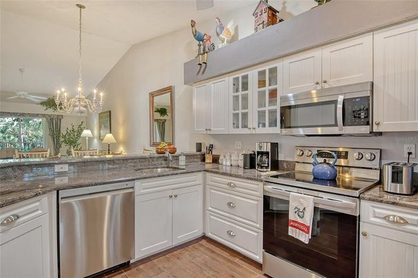 Chandelier, Interior, Kitchen, Stainless Steel Appliances, Wood Texture Flooring