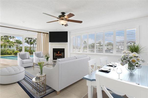 Dining room, Fireplace, Interior, Living room, Recessed Lighting