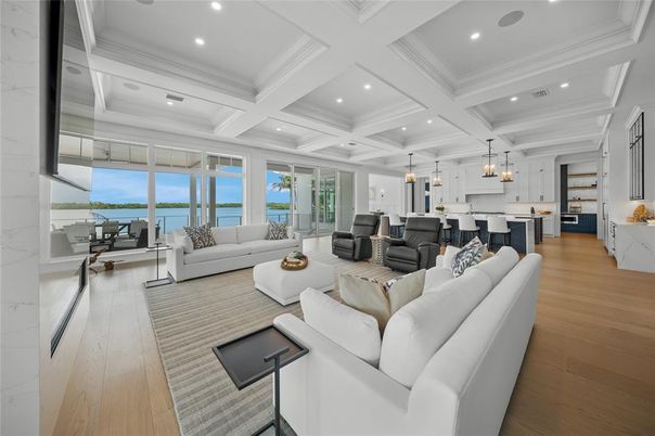 Interior, Kitchen, Living room, Marble Walls, Pendant Lights, Recessed Lighting, Water, Wood Texture Flooring