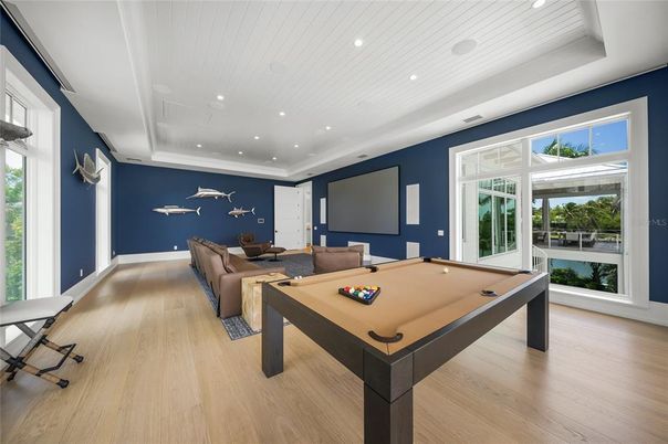 Billiard Table, Game Room, Interior, Recessed Lighting, Wood Texture Flooring