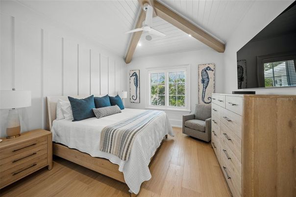 Bedroom, Interior, Recessed Lighting, Wooden Beams, Wood Texture Flooring