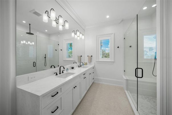 Bathroom, Dual Sink Vanities, Glass Shower, Interior, Recessed Lighting