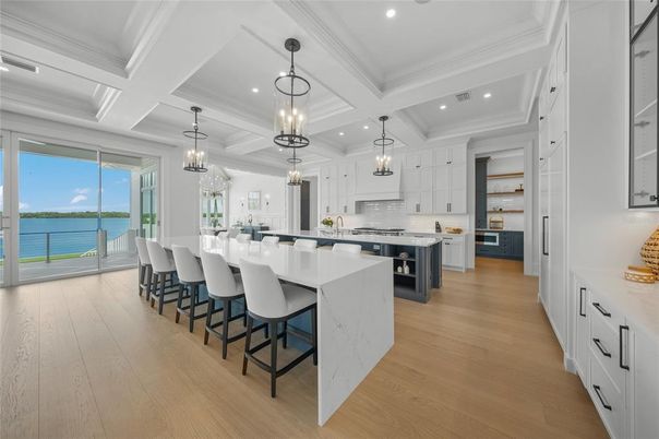 Interior, Kitchen, Pendant Lights, Recessed Lighting, Stainless Steel Appliances, Water, Wood Texture Flooring
