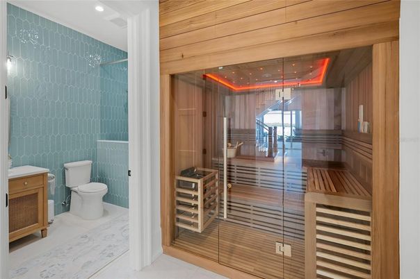Bathroom, Glass Shower, Interior, Recessed Lighting, Sauna Room