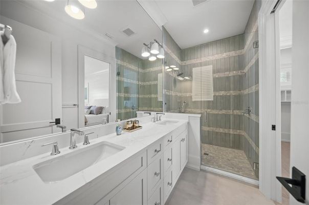 Bathroom, Dual Sink Vanities, Glass Shower, Interior, Recessed Lighting