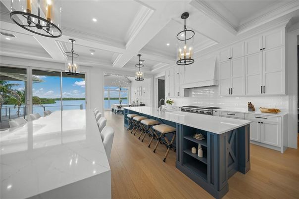 Interior, Kitchen, Pendant Lights, Recessed Lighting, Stainless Steel Appliances, Water, Wood Texture Flooring