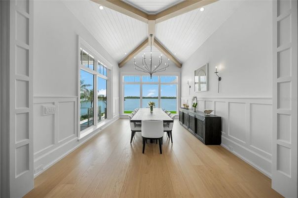 Dining room, Interior, Pendant Lights, Recessed Lighting, Water, Wood Texture Flooring