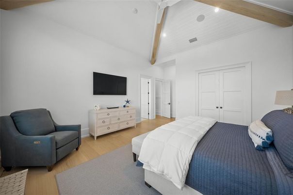 Bedroom, Interior, Recessed Lighting, Wooden Beams, Wood Texture Flooring