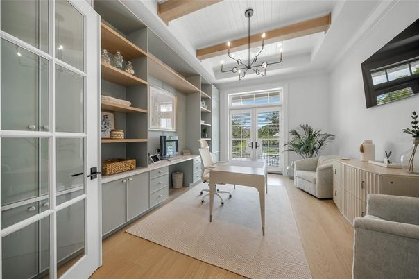Home Office, Interior, Pendant Lights, Recessed Lighting, Wooden Beams, Wood Texture Flooring