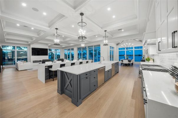 Dining room, Interior, Kitchen, Living room, Pendant Lights, Recessed Lighting, Stainless Steel Appliances, Wood Texture Flooring