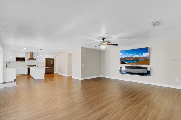 Empty room, Interior, Kitchen, Pendant Lights, Recessed Lighting, Wood Texture Flooring