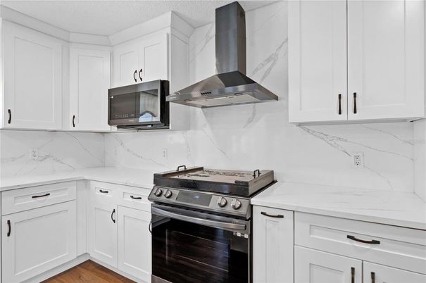 Interior, Kitchen, Marble Walls, Stainless Steel Appliances, Wood Texture Flooring