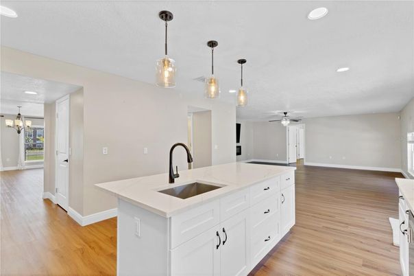 Interior, Kitchen, Pendant Lights, Recessed Lighting, Wood Texture Flooring