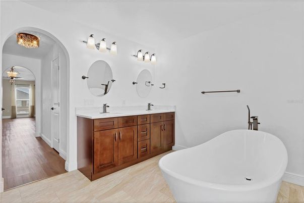 Bathroom, Dual Sink Vanities, Free Standing Baths, Interior, Wood Texture Flooring
