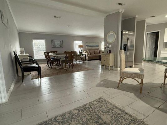 Dining room, Interior, Kitchen, Living room, Recessed Lighting, Stainless Steel Appliances, Wood Texture Flooring
