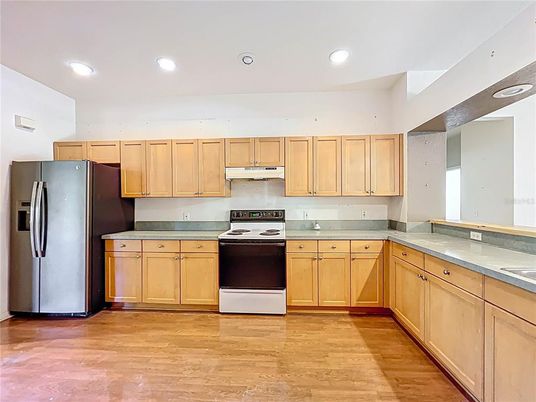 Interior, Kitchen, Recessed Lighting, Wood Texture Flooring