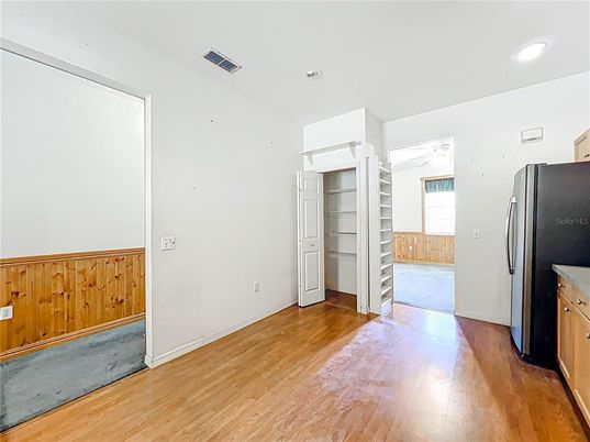 Empty room, Interior, Kitchen, Recessed Lighting, Wood Texture Flooring