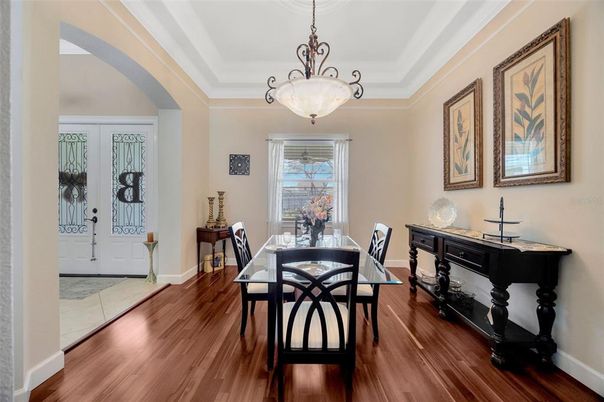 Dining room, Interior, Pendant Lights, Wood Texture Flooring