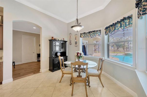Dining room, Interior, Pendant Lights, Recessed Lighting, Wood Texture Flooring