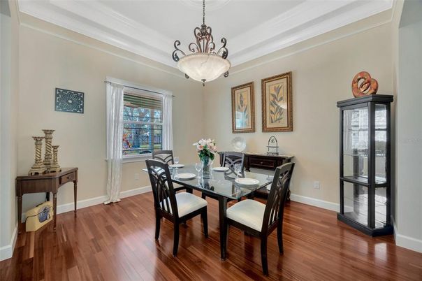 Dining room, Interior, Pendant Lights, Wood Texture Flooring