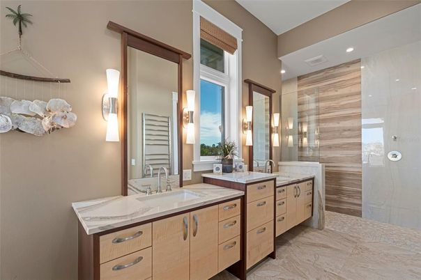 Bathroom, Dual Sink Vanities, Glass Shower, Interior, Marble, Recessed Lighting