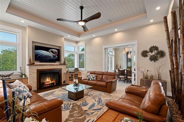 Dining room, Fireplace, Interior, Living room, Recessed Lighting