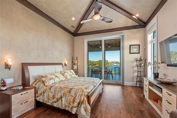 Bedroom, Interior, Recessed Lighting, Wooden Beams, Wood Texture Flooring